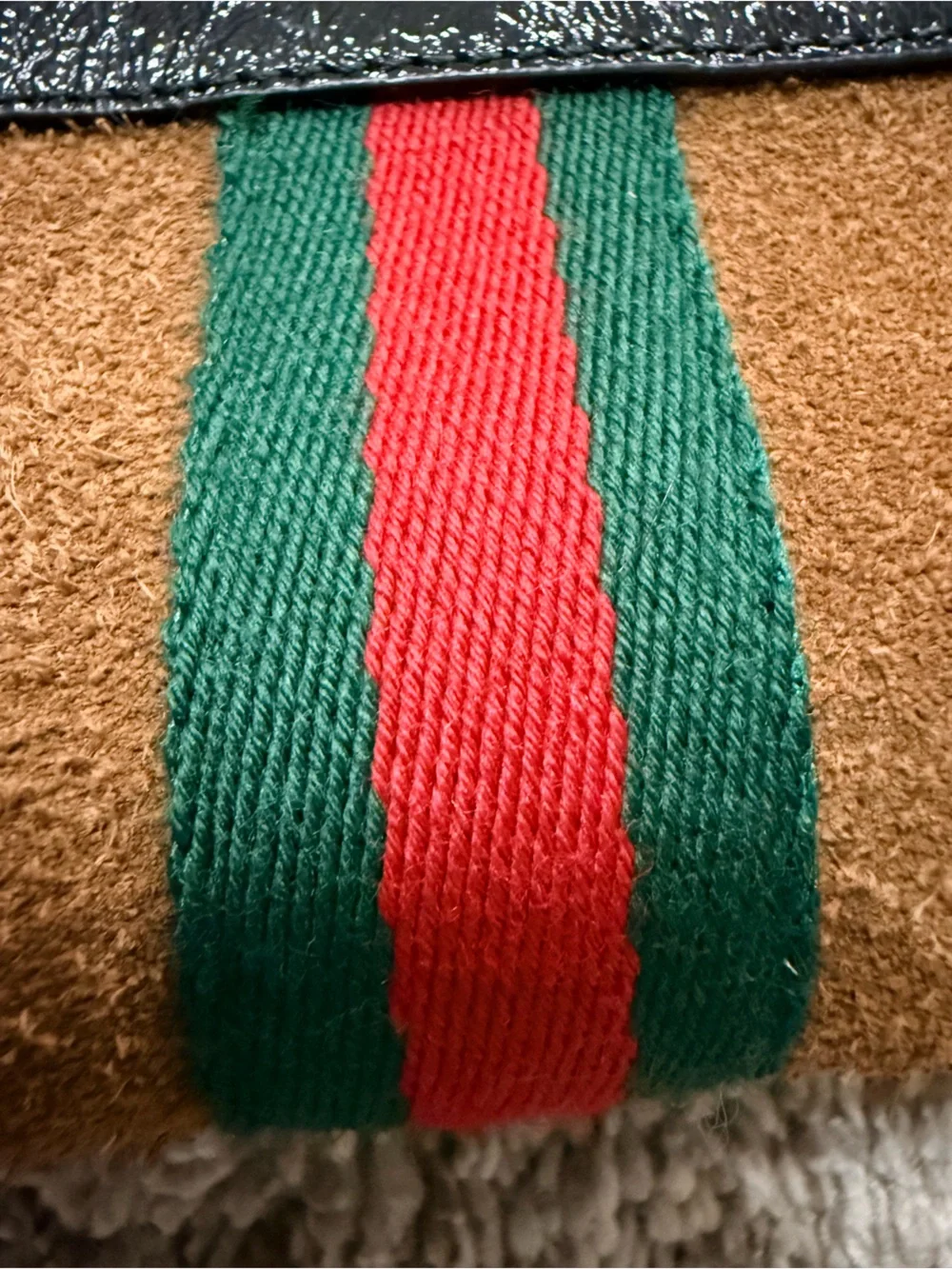 Gucci Ophidia Small Brown Suede Crossbody Camera Bag w/ Green-Red Stripe